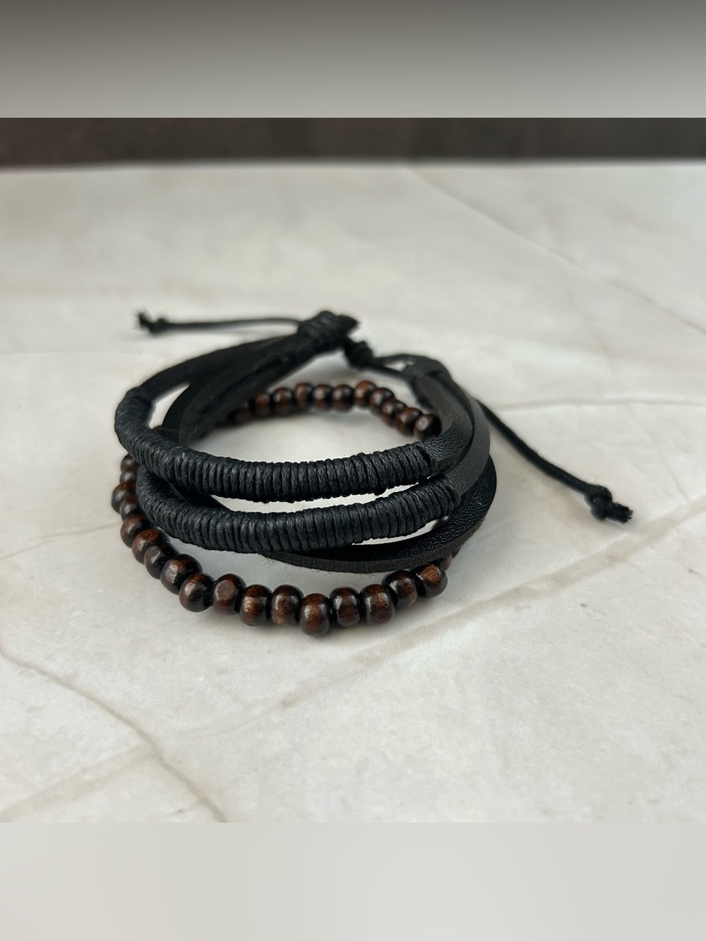 Layered Black Leather and Brown Bead Bracelet Set